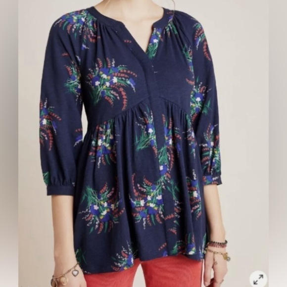 Anthropologie Blue V-neck tropical stretch knit top size M - Picture 1 of 15